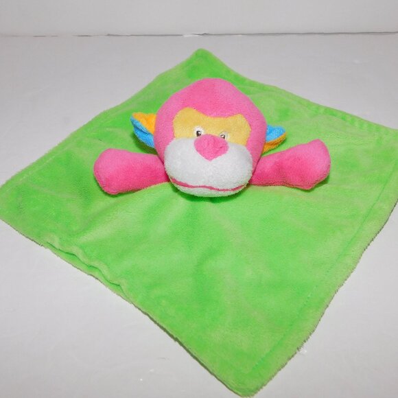 Pink Monkey Green Security Blanket Rattle Baby Lovey Nunu Soother 8" x 8" - Picture 1 of 3